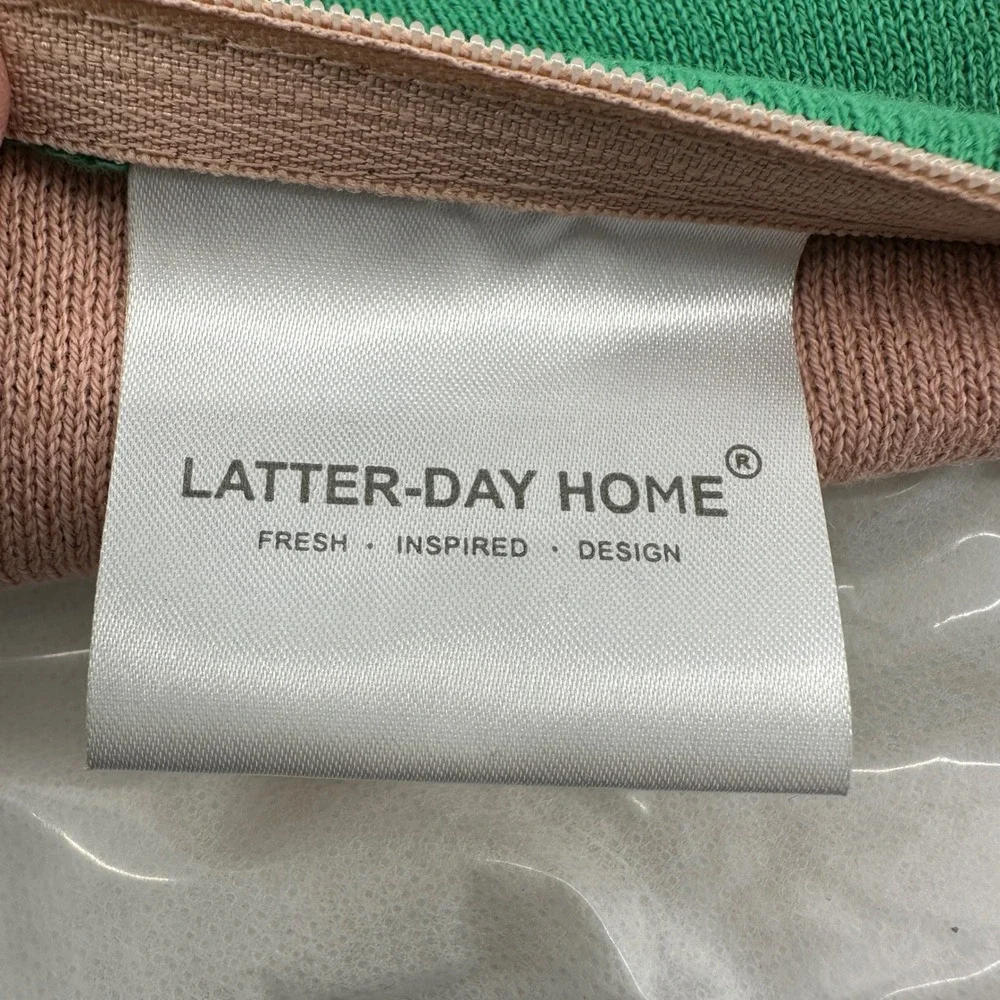 Latter-Day Home Grow Embroidered Throw Pillow Green Pink Script Pom Poms 18x18